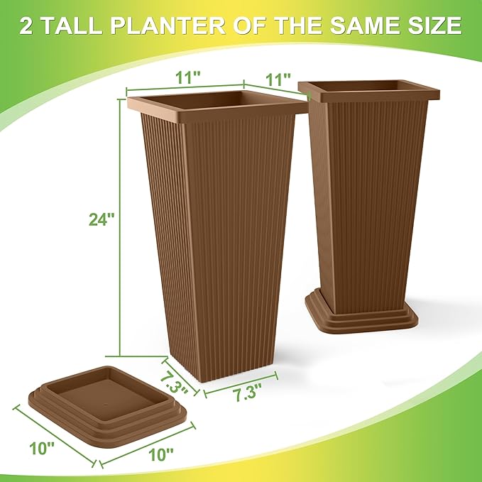 Set of 4 24" Tall Plastic Planters with Trays, Large Tapered Plant Pots for Indoor Outdoor Use, Modern Decorative Planters for Porch, Patio, Garden, and Backyard