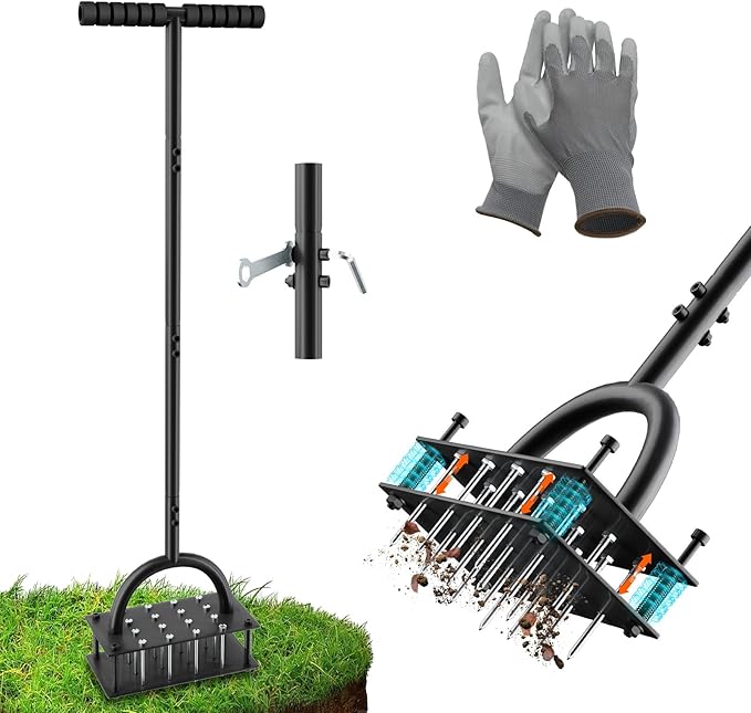 Lawn Aerator Tool (Pre-Assembled), 16 Iron Spikes with Spring-Loaded Auto Cleaning, Ergonomic T-Handle, Manual Grass Aerators for Lawn, Yard, Garden Soil Loosening & Aeration, Gloves Included (Black)
