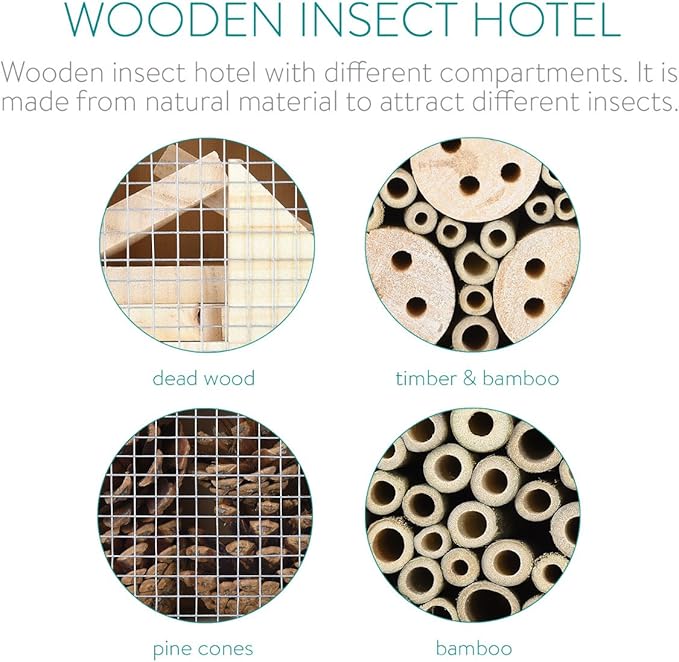 Navaris XL Wooden Insect Hotel - 9 x 16 x 3 Inches - Natural Wood Insect Home Bamboo Nesting Habitat - Garden Shelter for Bees, Butterflies, Ladybugs