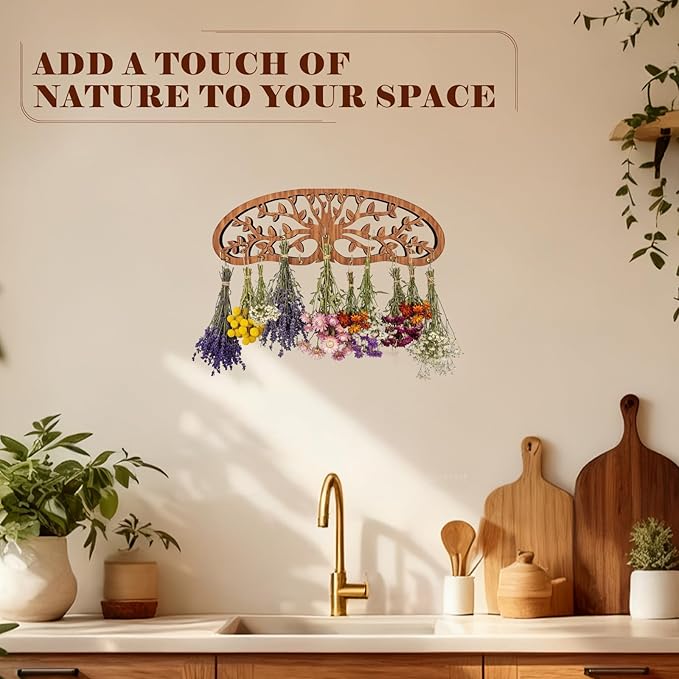 Herb Drying Rack - Wall Mounted, Tree of Life Wooden Hanging Holder for Kitchen Witch Decor, Apothecary Decor & Herbalist Supplies, Rustic Wall Art for Kitchen, Garden