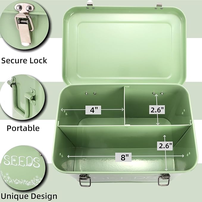 Seed Storage Organizer, Metal Seed Saving Box with Garden String and 10 Wood Plant Labels, 3 Compartment Seed Container Bin with Lid and Safety Locks, Perfect for Flower Plants Garden Lover