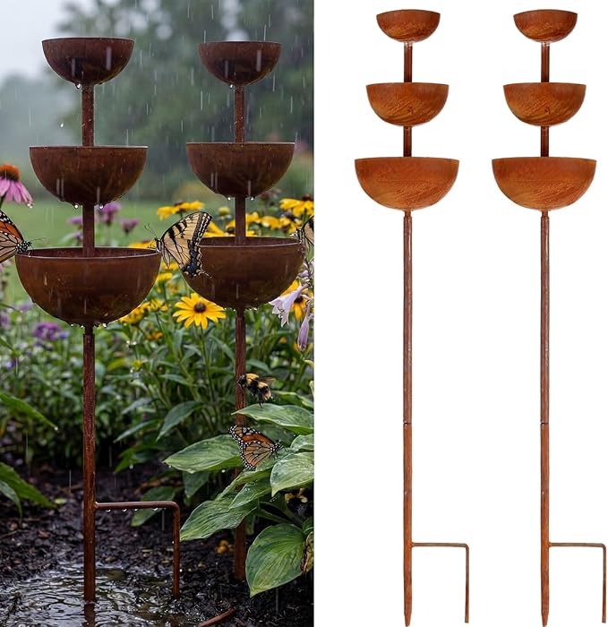LemonRoad 2 Pack Rusty Metal Bee Watering Station 3 Tiered Bowl Shaped Butterfly Water Feeder Bee Bath Water Catcher Cup Garden Stakes for Small Insects Outdoor Garden Decor(Brown,Bowl)