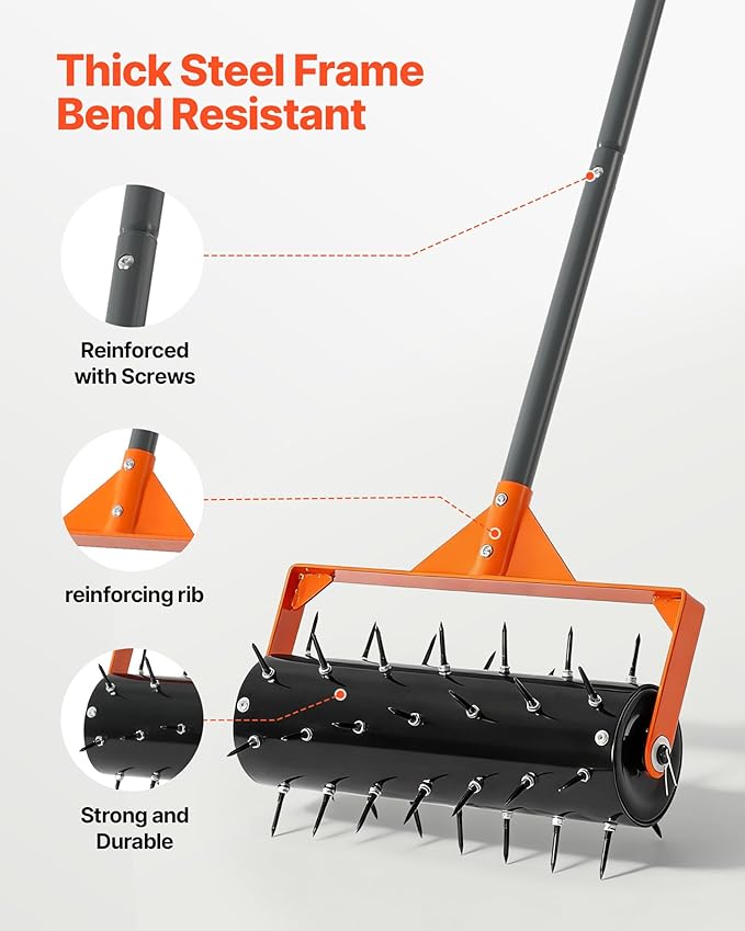 VEVOR Rolling Lawn Aerator, 15 in Manual Push Aerator Roller with 42 Spikes & 60 in Long Handle, Fillable Drum for Added Weight, Heavy-Duty Lawn Soil Penetrator for Garden Yard Compacted Soils