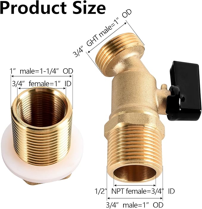 Brass Rain Barrel Spigot 3/4” Threaded Quarter Turn Ball Valve Water Container for Rain Barrel with Bulkhead Fitting for Garden Hose Thread Connection (Type B)