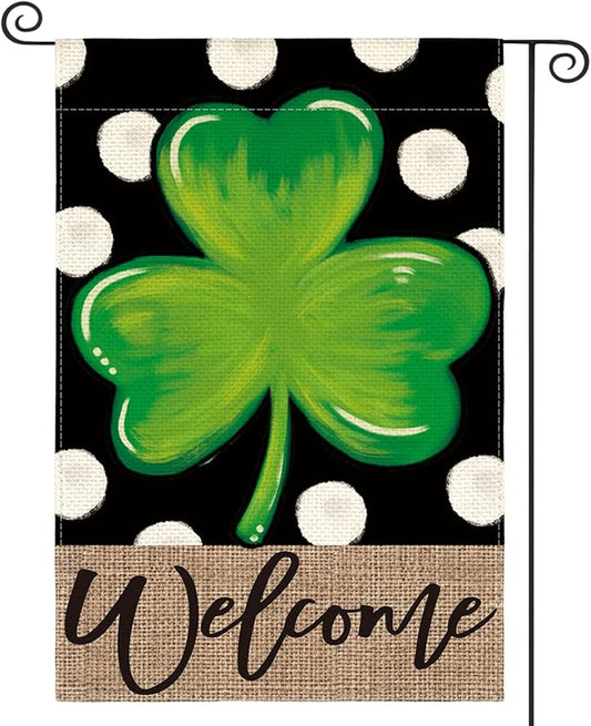 AVOIN colorlife Welcome Lucky Clover St Patricks Day Garden Flag Double Sided, Polka Dot Shamrock Yard Outdoor Flag 12x18 Inch