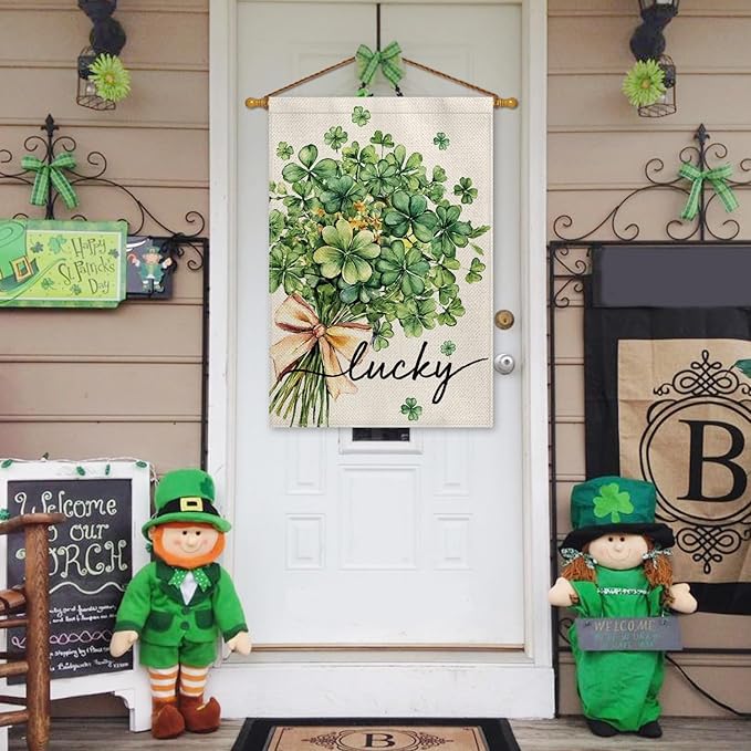 AVOIN colorlife St Patricks Day House Flag 28x40 Inch Double Sided Outside, Floral Lucky Shamrocks Clovers Yard Outdoor Flag