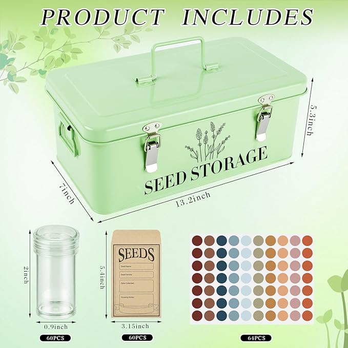 60 Slots Seed Storage Box with 4 Dividers, Metal Seed Storage Organizer Saving Box, Seeds Packet Container, Professional All-in-one Kit with 60 Seeds Envelopes and Label Stickers