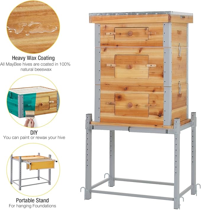 Aivituvin Bee Hive Bee Box 10 Frame Upgrade with All -Around Metal Frame Bee Castle Coated with 100% Beeswax Includes Waxed Foundations,2 Deep Boxes & 1 Medium Box