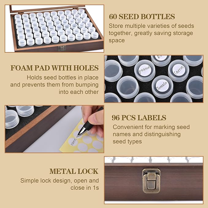 60 Slots Seed Storage Organizer with 96pcs Labels, Wooden Seed Saving Box with Lid and Metal Safety Lock, Garden Seed Organizer for Flowers Plants Vegetables, Brown