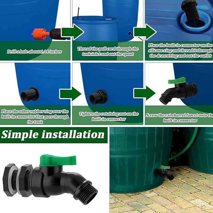 Plastic Rain Barrel Spigot Kit - High Flow Water Barrel Faucet with Bulkhead Fitting, 3/4" NPT to 3/4" GHT Leak-Proof Rain Barrel Spigot with Seal Tape & Gasket for Water Tank, Garden Barrel