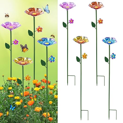 4 Pack Bee Watering Station, Bee Bath for Garden, Colorful Metal Bee Bird Butterfly Water Feeder Supplies for Outdoor Garden Yard Farm Decor Flower Design (Blue, Yellow, Orange, Purple)