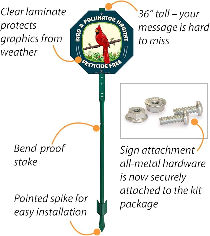 SmartSign 10 x 10 inch Bird & Pollinator Habitat, Pesticide Free Yard Sign & Stake Kit, 40 mil Laminated Rustproof Aluminum, 3 foot Stake, Set of 1, For Lawn, Garden, Made in USA