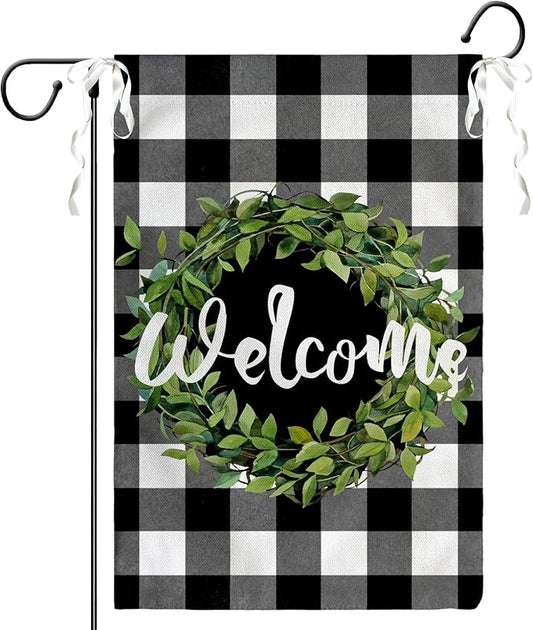 Welcome Leaves Wreath Garden Flags 12x18 Double Sided Summer Black White Buffalo Plaid Rustic Yard Flags Spring Seasonal Garden Flag Burlap Outdoor Lawn Decor