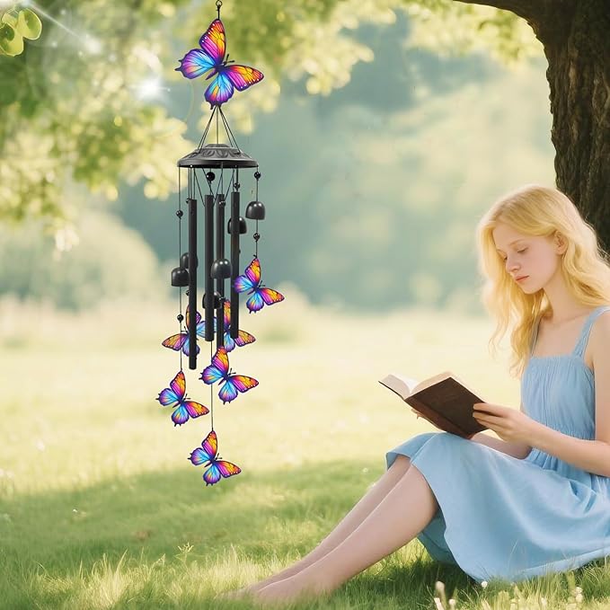 Butterfly Wind Chimes for Outside, Black Metal Windchimes Outdoors, Butterflies Gifts for Women/Men, Garden/Yard Decor, Memorial/Birthday Gifts for Grandma/Mom, Durable Chimes for Outdoors