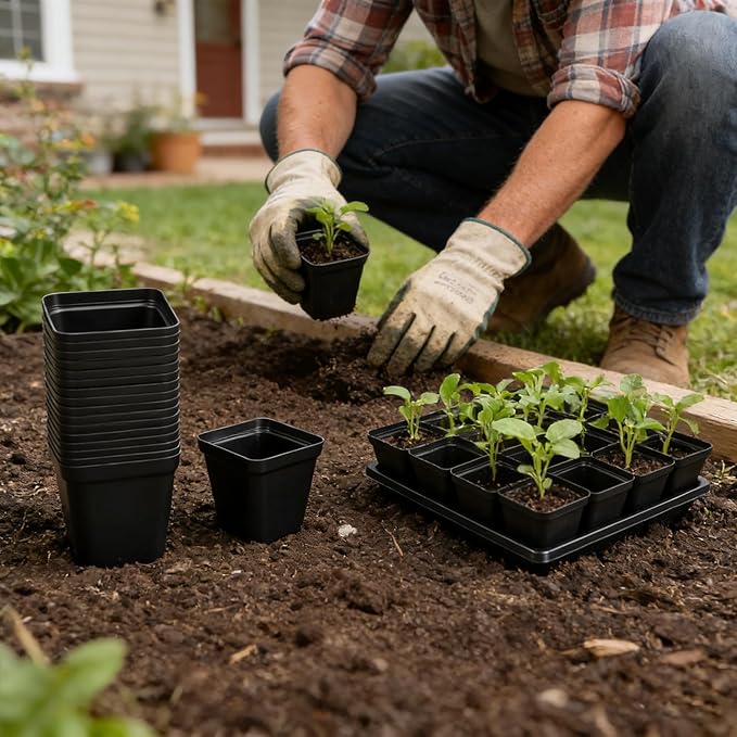 NNG 2.6 inch 100 Pcs Black Square Nursery Pots with 5 Pcs Plastic Seed Starting Trays,Plant Propagation Starter Kit Square Seed Starting Pots with Drain Holes