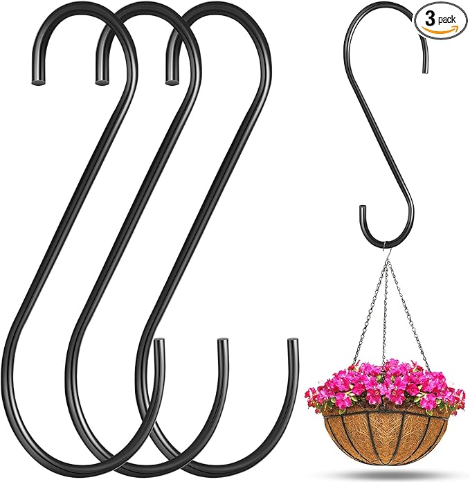 3 Pack 12 Inch Large S Hooks for Hanging Plants, Heavy Duty Black Metal Hangers for Pergola Garage Organization Bird Feeders Closet Rod Vinyl Coated Non Slip Utility Hooks