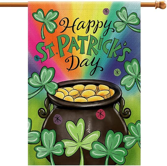 Happy St Patrick's Day House Flag 28x48 Inch Double Sided Burlap, Green Lucky Clovers Shamrock Gold Coin Sign for Farmhouse Yard Outdoor Decor DF430-28