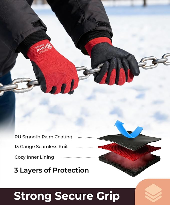 KAYGO 12 Pairs Winter Work Gloves for Men and Women, Thermal Insulated Safety Work Gloves PU Coated, Super Grip,Ideal for Freezer Work,Red,S