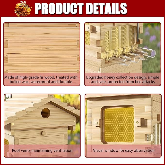 Beehive Starter Kit, Self-Flowing Honey Beehive with Observation Window and Honey Spout, Includes 4 bee Frames and 6 Honeycomb Trays for Beekeeping,Garden Pollinators