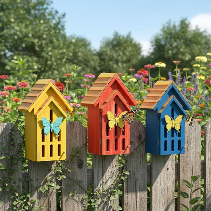 Shingle Roof Butterfly House for Outdoor, Insect House, Vintage Style Cedar Wood Bee House for Garden Outside, Open Door for Easy Cleaning Conservation.Shelter Hotel with Hooks for Hanging (Yellow)