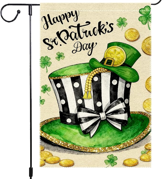 Happy St Patrick's Day Garden Flag 12x18 Inch Double Sided Burlap St Patrick's Day Leprechaun Hat Gold Coins Shamrocks Outdoor Decorations