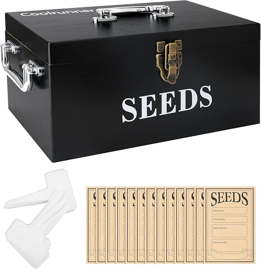 Coolrunner Wood Seed Saving Box, Seed Storage Organizer Case, Seed Packet Storage Organizer with Lock and 3 Handles, 30P Plant Labels, 30P Seeding Envelopes Bag (Black)