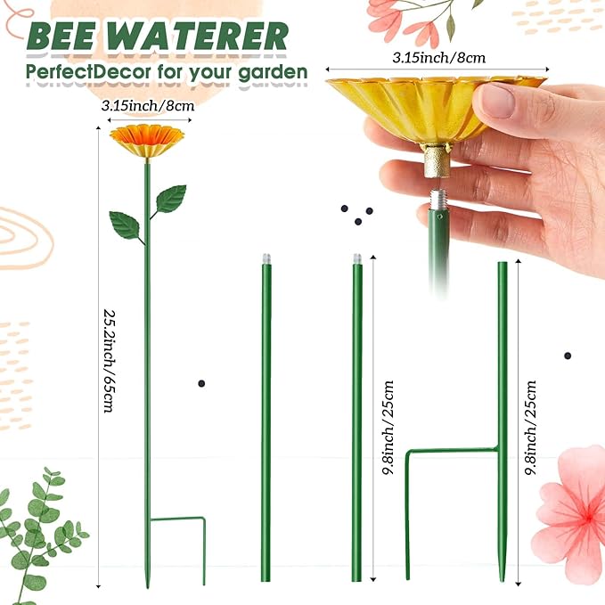 Tandefio 1 Pcs Bee Bath Watering Station, 25 x 2.6 Inch, Metal Flower Bee Feeder for Garden, Colorful Butterfly Feeder & Outdoor Pollinator Station for Birds, Bees & Butterflies(Yellow)