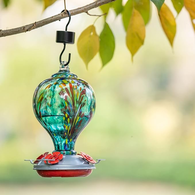 2 Packs Hummingbird Feeder for Outdoors Hanging Ant and Bee Proof, 34OZ 32OZ Hand Blown Glass Hummingbird Feeders for Outside (Yellow & Teal)