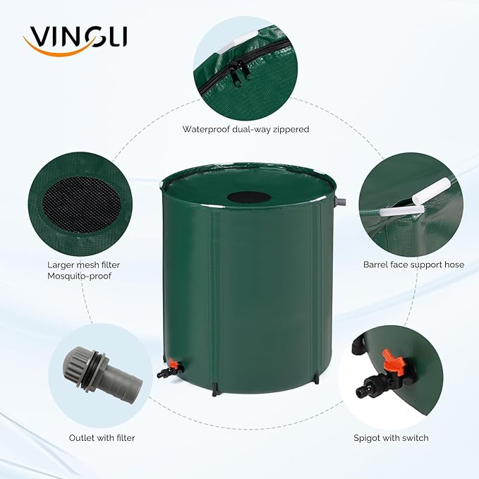 VINGLI 66 Gallon Collapsible Rain Barrel, Portable Water Storage Tank, Rainwater Collection System Downspout, Water Catcher Container with Filter Spigot Overflow Kit