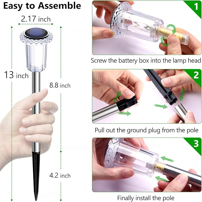 DenicMic Solar Lights Outdoor 10 Pack Waterproof 6000K Cold White LED Stainless Steel Stake Outside Lights for Yard Pathway Garden Driveway Walkway Landscape Path Lighting