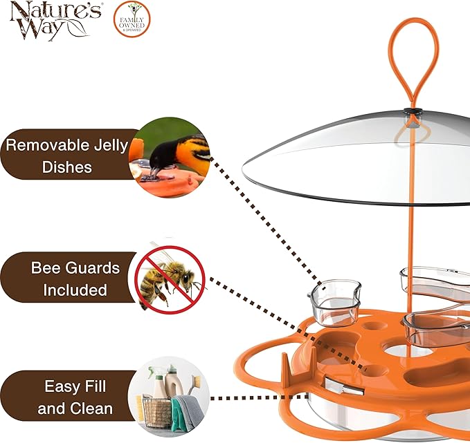 Nature’s Way Multi-Station Oriole Feeding Center with Ant Moat & Weather Baffle, Metal & Plastic Wild Bird Feeder, 12 oz Nectar Capacity, Orange