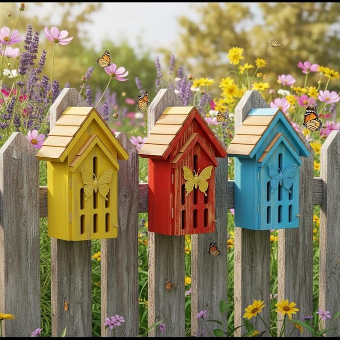Shingle Roof Butterfly House for Outdoor, Insect House, Vintage Style Cedar Wood Bee House for Garden Outside, Open Door for Easy Cleaning Conservation.Shelter Hotel with Hooks for Hanging (Red)