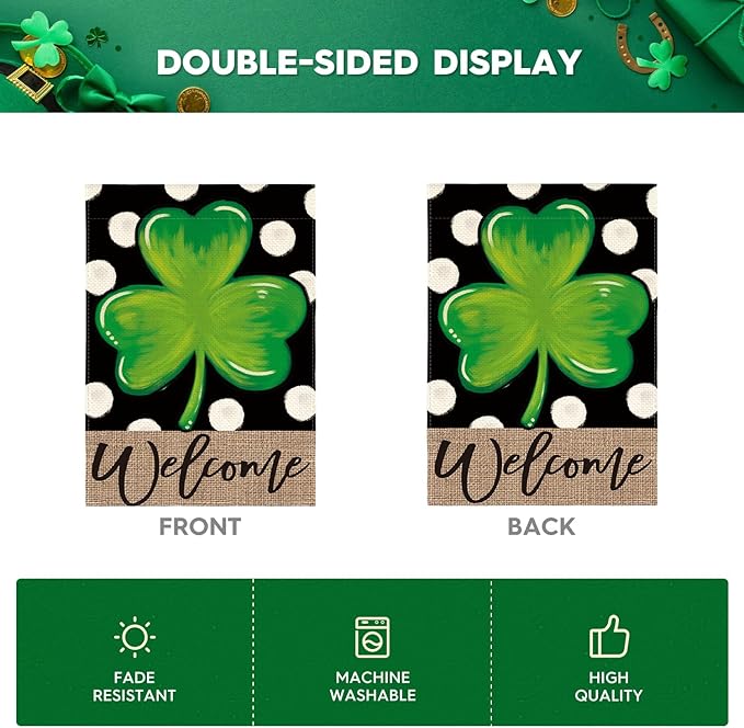 AVOIN colorlife Welcome Lucky Clover St Patricks Day Garden Flag Double Sided, Polka Dot Shamrock Yard Outdoor Flag 12x18 Inch