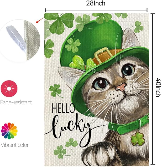 CROWNED BEAUTY St Patricks Day Cat House Flag 28x40 Inch Double Sided Large Burlap Holiday Flag for Outside Yard