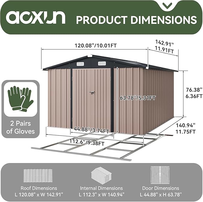 Aoxun 10 x 12FT Shed with Base Utility Garden Galvanized Steel Shed with Lockable Door & Sloped Roof Metal Sheds Outdoor Storage for Garden, Backyard, Patio and Backyard (Brown/Base Included)