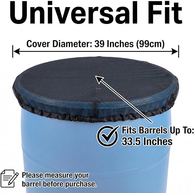 2 PCS 39in Mesh Cover for Rain Barrels, Fine Mesh Filter Screens with Adjustable Drawstring, Reusable Outdoor Garden Rain Barrel Accessories, Effective at Blocking Leaves, Debris (Black)