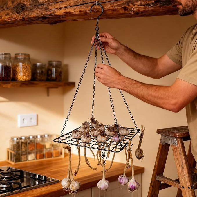 Nordic Black Iron Garlic & Herb Drying Rack–Space-Saving 81-Hole Metal Dryer for Flower, Onions, and Grass–Rust-Resistant Hanging Organizer for Indoor & Outdoor Use–Ideal for Home Gardeners