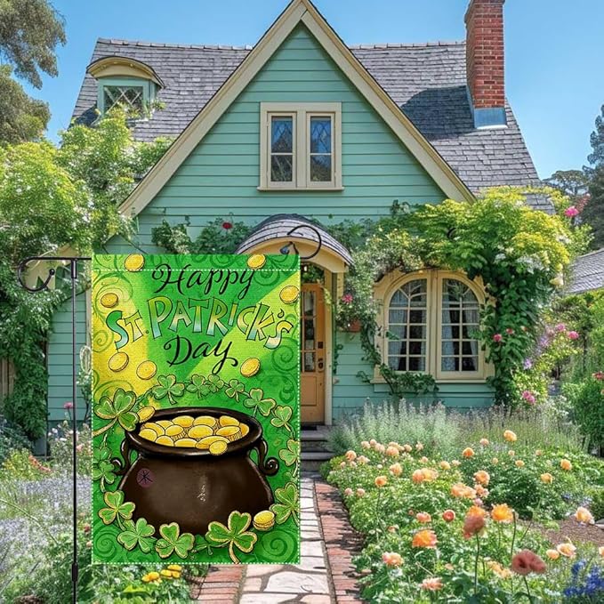 St Patrick's Day Garden Flag 12x18 Inch Double Sided Burlap Happy St Patrick's Day Pot of Gold Shamrocks Coins Outdoor Decorations Patio Irish Festival Decor