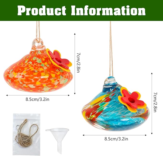 2 Pcs Blown Glass Hummingbird Feeder for Outdoors Hanging, Ant & Bee Resistant Window Bird FeederHandmade Garden Decor Gift for Women - Small Round Glass Feeders Bundle (Droplet B2)