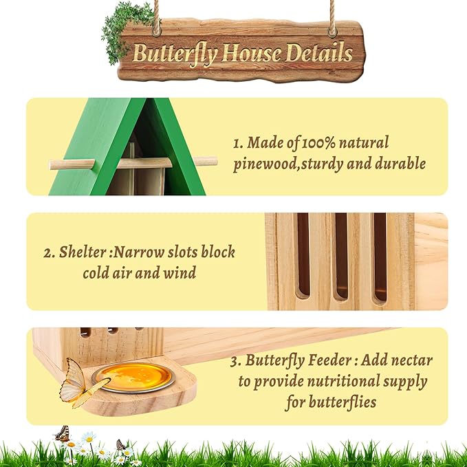Butterfly House and Feeder with Flower Pot for Outside, 3-in-1 Wooden Butterfly House for Garden, Natural Butterfly Habitat with Butterfly Puddler for Garden Decor