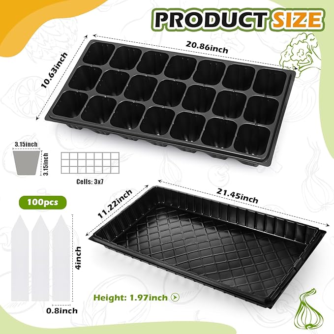 Yinder 20 Pcs Seed Starter Trays Tray Kits with Dome 21 Cells Plug Trays and 1020 Tray No Holes with 100 Pcs Tags Seed Starter Kit for Nursery Germination Plant Propagation Gardening Greenhouse