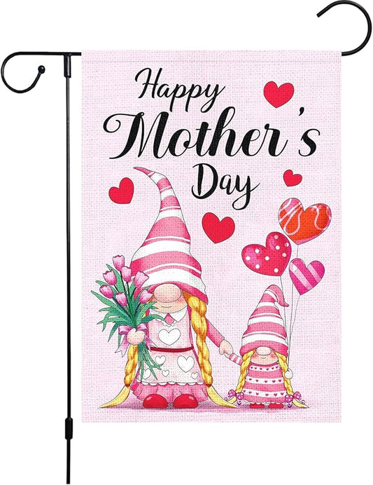 Mother's Day Garden Flag 12x18 Inch - Cute Gnome Mother & Daughter with Tulips & Hearts, Double-Sided Outdoor Decor for Patio Yard Mother's Day Gifts