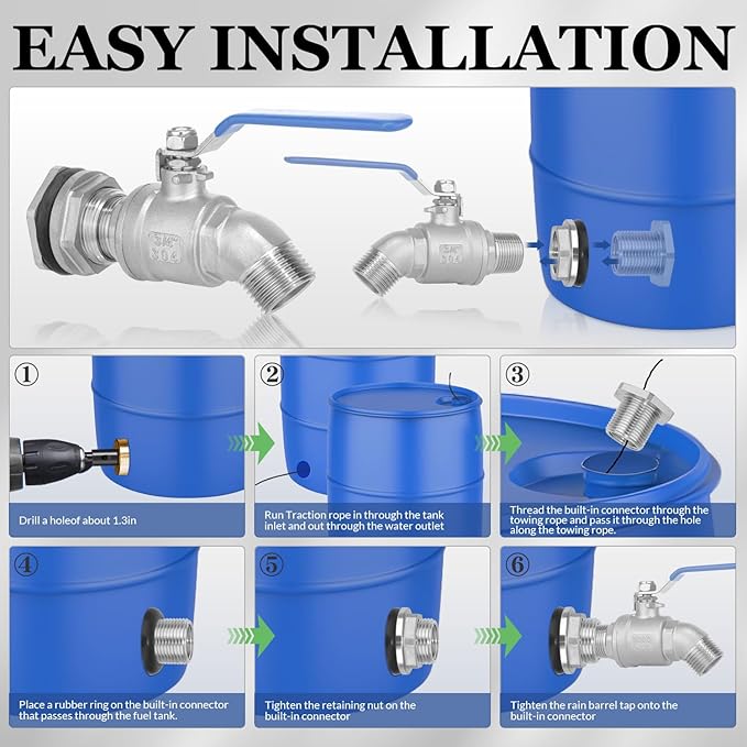 Rain Barrel Spigot Kit High Flow Water Barrel Faucet 3/4"NPT to 3/4"GHT 304 Lead-Free Compliant Stainless Steel Faucet for Rain Barrels,Rain Barrel Quarter Turn Spigot with Bulkhead Fitting