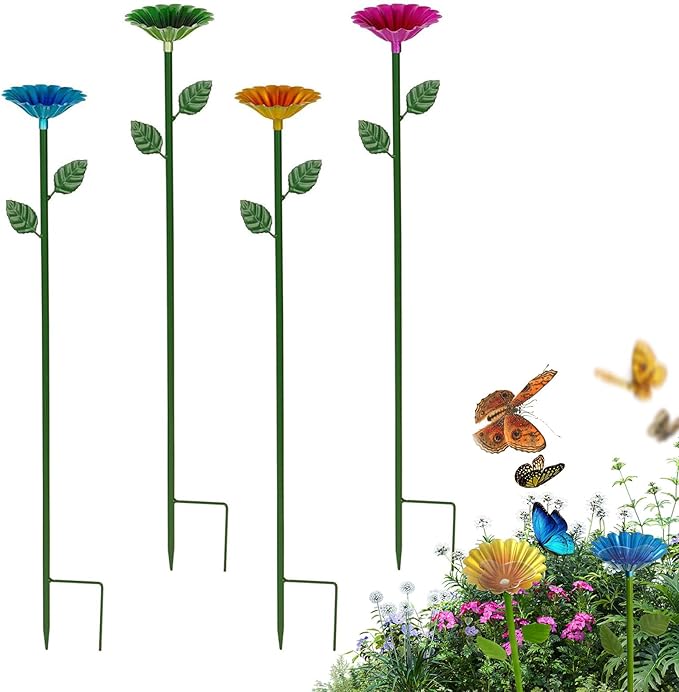 4 Pack Metal Bee Watering Station for Garden, Flower-Shaped Bee Cups, Durable Pollinator Hydration Bath & Butterfly Feeders for Outdoors Yard Decor (Red, Green, Blue, Yellow)
