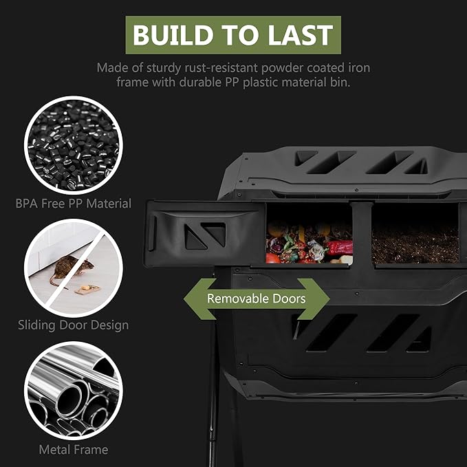 SUPER DEAL Outdoor Compost Tumbler, 43 Gallon Dual Chamber BPA Free Large Compost Bin 360° Rotating Tumbling Composter for Garden Yard, Black