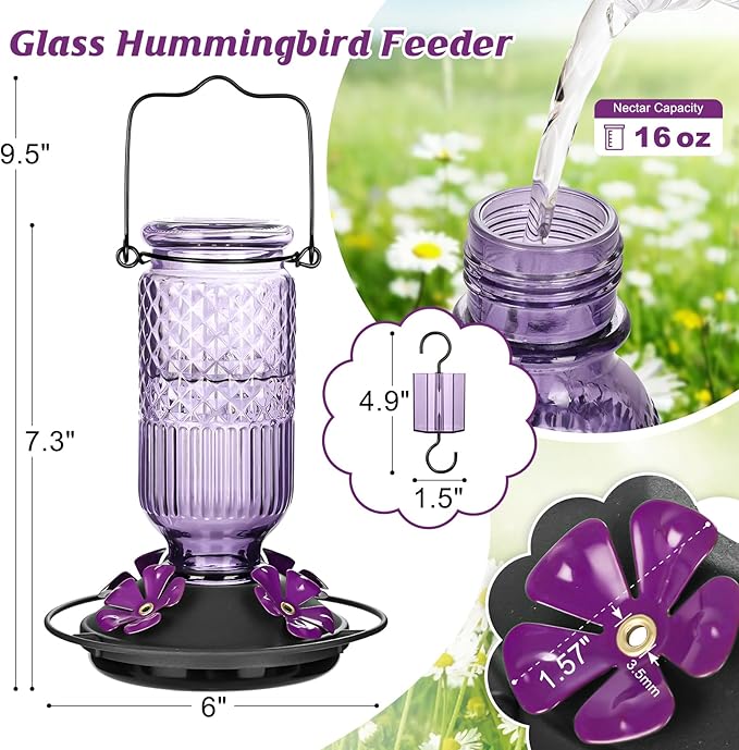 FEED GARDEN Glass Hummingbird Feeder for Outdoors Hanging, 16 OZ Humming Bird Feeders with 4 Bee Guard Feeding Ports&Built-in Ant Moat, Hummingbird Gifts for Mom Bird Feeder for Outside, Purple,2 Pack