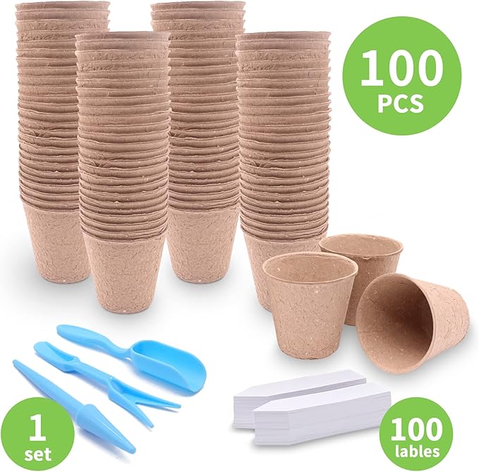 3T GROUP 100 Pack 3.15 Inch Disposable Mini Pots for Plant,Small Compostable Planting Pots,Biodegradable Flower Pots for Vegetables,Fruit with 100 Labels,Tool (100pcs)