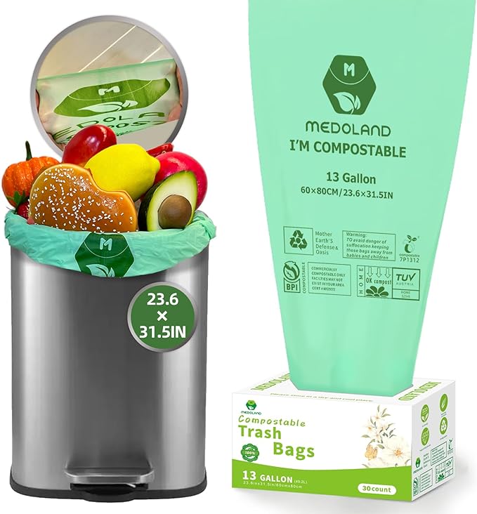 BPI Certified Compostable Trash Bags 13Gallon (30 Count) - 3X Thicker Than Regular, Leak & Tear Resistant for Kitchen/Garden/Food Waste, 90-Day Breakdown in Home/Industrial Use, 0.91mils Plant-Based