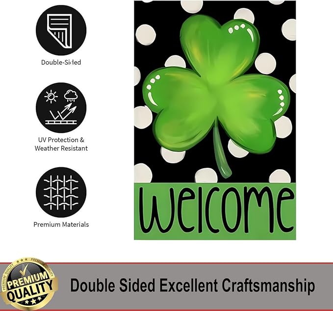 Welcome St Patricks Day Shamrock Garden Flags 12x18 - Polka Dot Yard Flags Double Sided- Small Flag Banner for Holiday Yard Outside