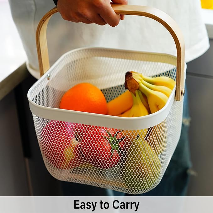 Metal Mesh Steel Harvest Basket, Square Wire Garden Basket with Handle – Multi-Functional Storage Organizer for Gathering Vegetables, Fruits, Kitchen, Garden, Picnic & Cabinet (White)